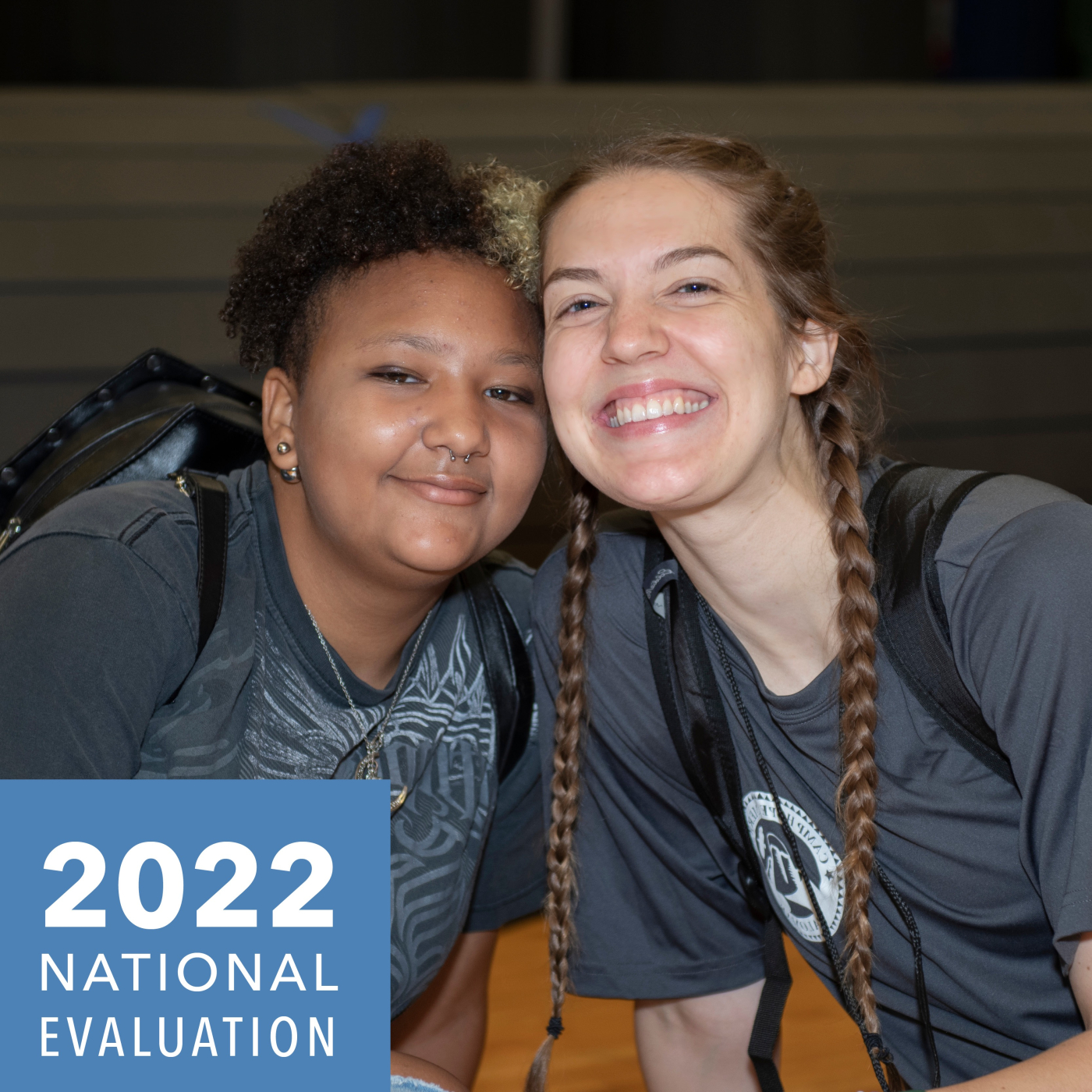 Two campers smile at the camera