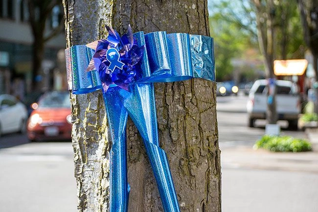 Blue ribbbon and pinwheel tied around a tree.