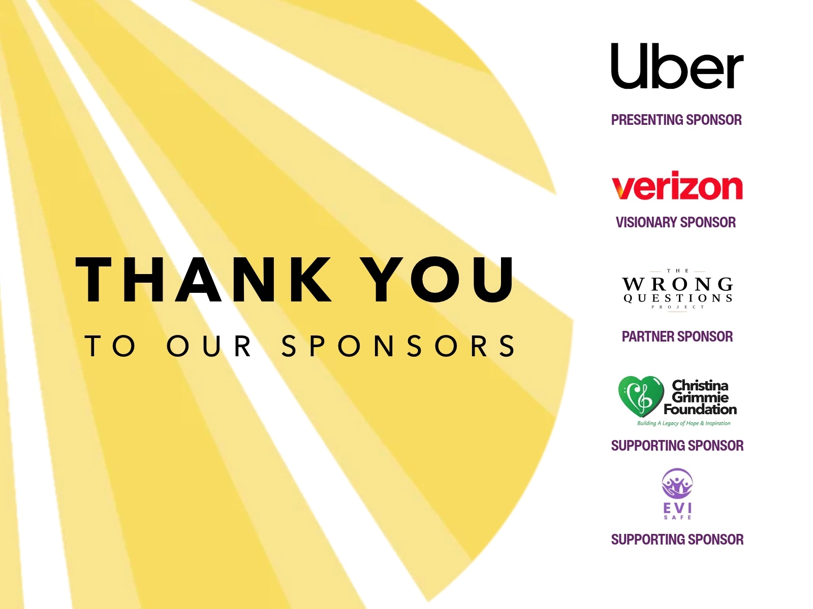 Sponsors Thank You listing Uber, Verizon, The Wrong Questions Project, the Christina Grimmie Foundation and Evi Safe